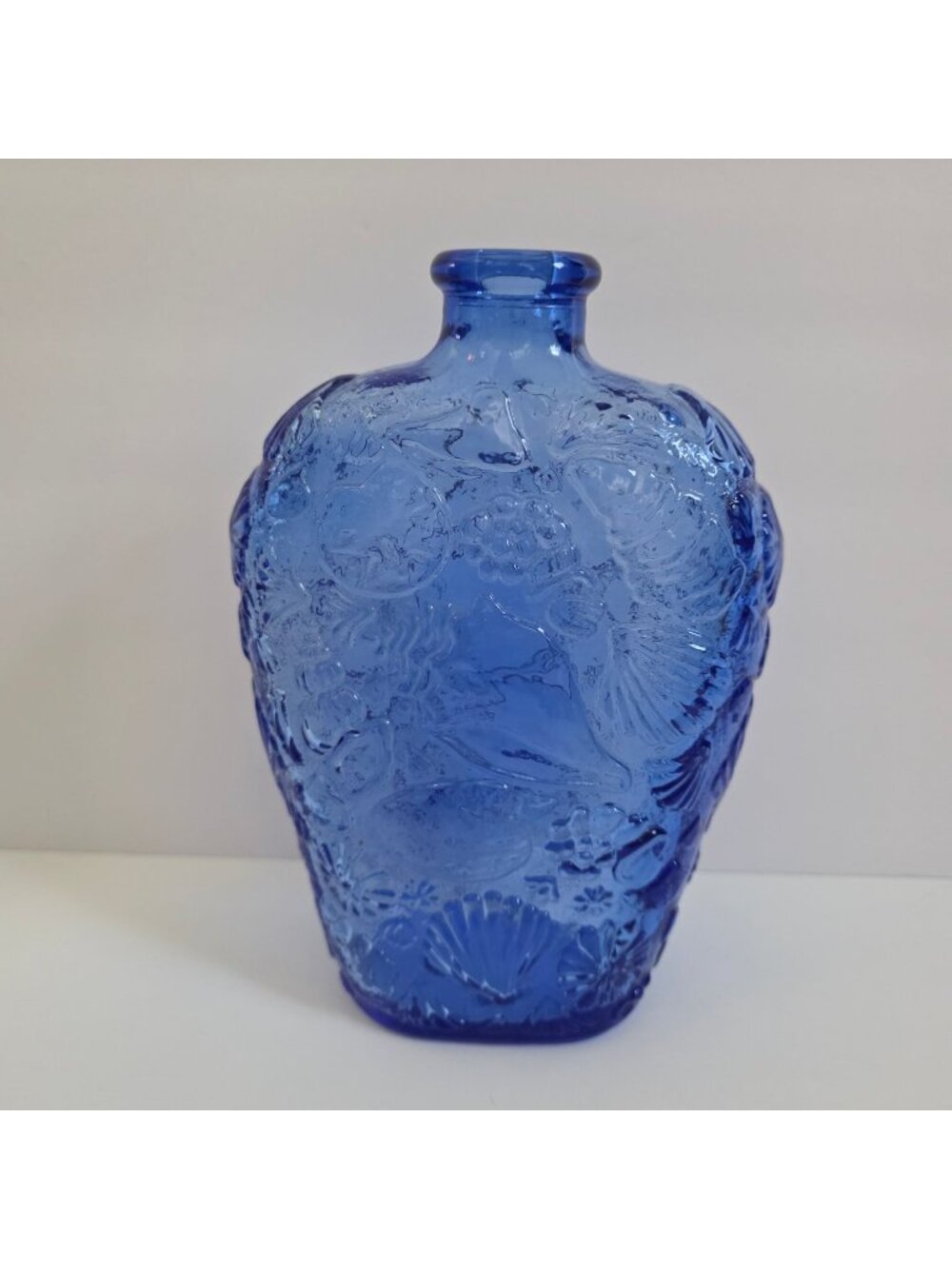 Blue Embossed Glass Vase Bottle With Seashell & Floral Design Coastal Décor